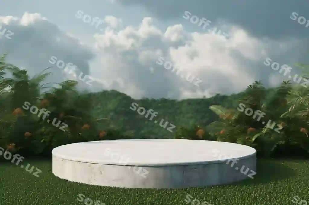 Betoni podium tropik o'rmon mahsuloti prezentatsiya bulutli fonda 3D | Concrete podium tropical forest product presentation cloudy background 3d