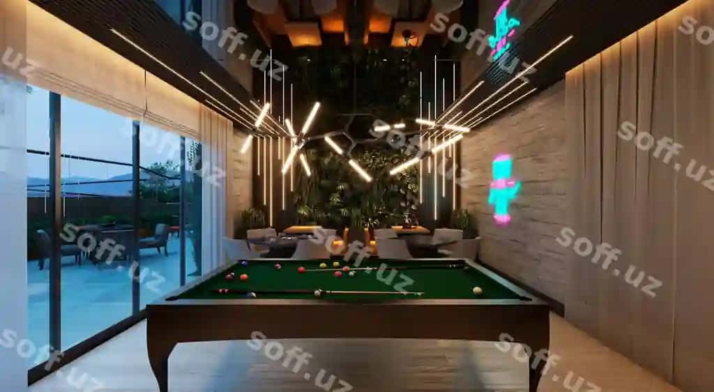 Buzma poker o'yinlar xonasi hashmandr rejalashtirilgan va dizaynlangan meblelar bilan bezatilgan. | Pool poker games room decorated with luxurious planned designed furniture