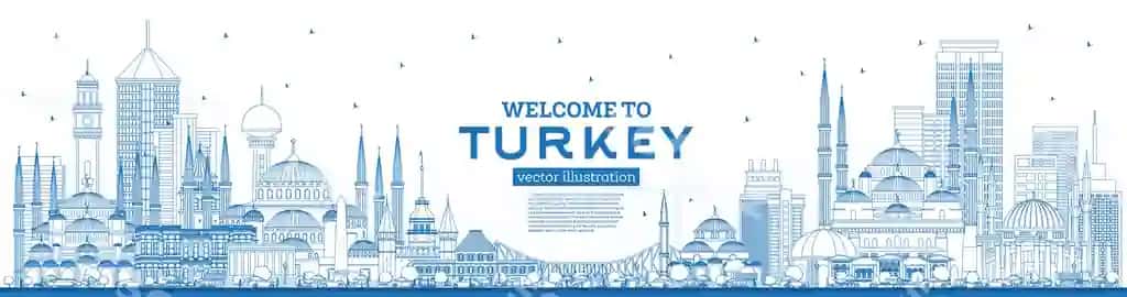 Xush kelibsiz Turkiya shahar silueti ko'k binolar bilan illustratsiya | Outline welcome turkey skyline with blue buildings illustration