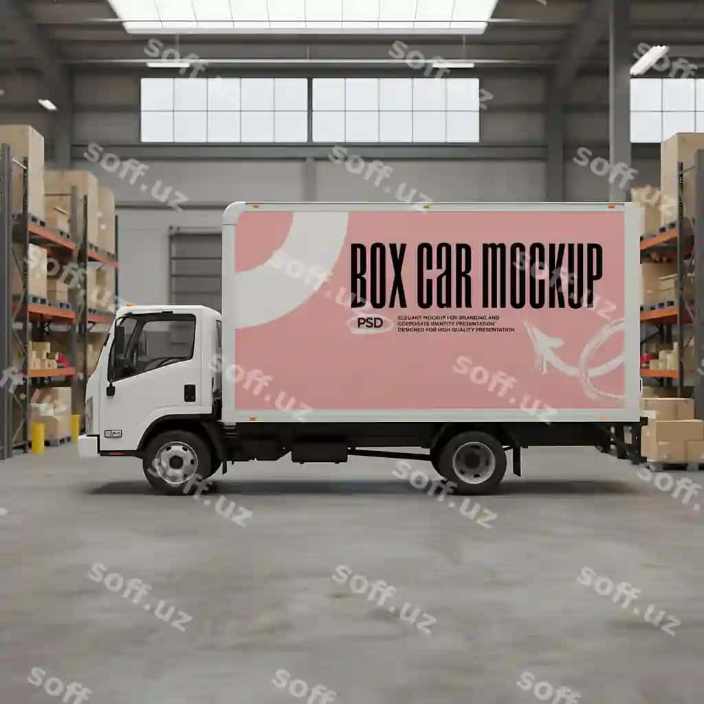 Boks yuk avtomobili namuna sanoat ombori sohibi | Box truck mockup industrial warehouse setting