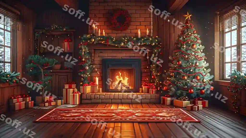 Issiq Keramas kechasi bayramlik otish xonasi yorqin pech bilan | Cozy christmas eve festive living room with glowing fireplace