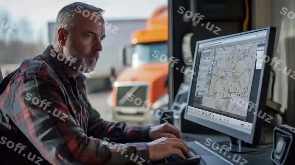 Avtopark menejeri kompyuter monitoridan foydalanib, transport vositasining ishlash joylashuvini kuzatadi | Fleet manager using computer monitor vehicle performance location
