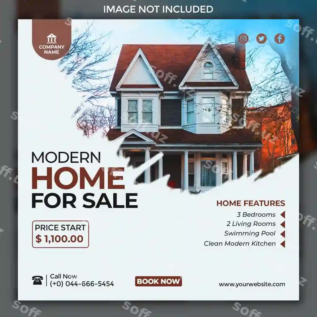 Zamonaviy uy sotuvi uchun ijtimoiy tarmoqlar reklamasi banner xabar dizayn shabloni | Modern home sale social media promotion banner post design template