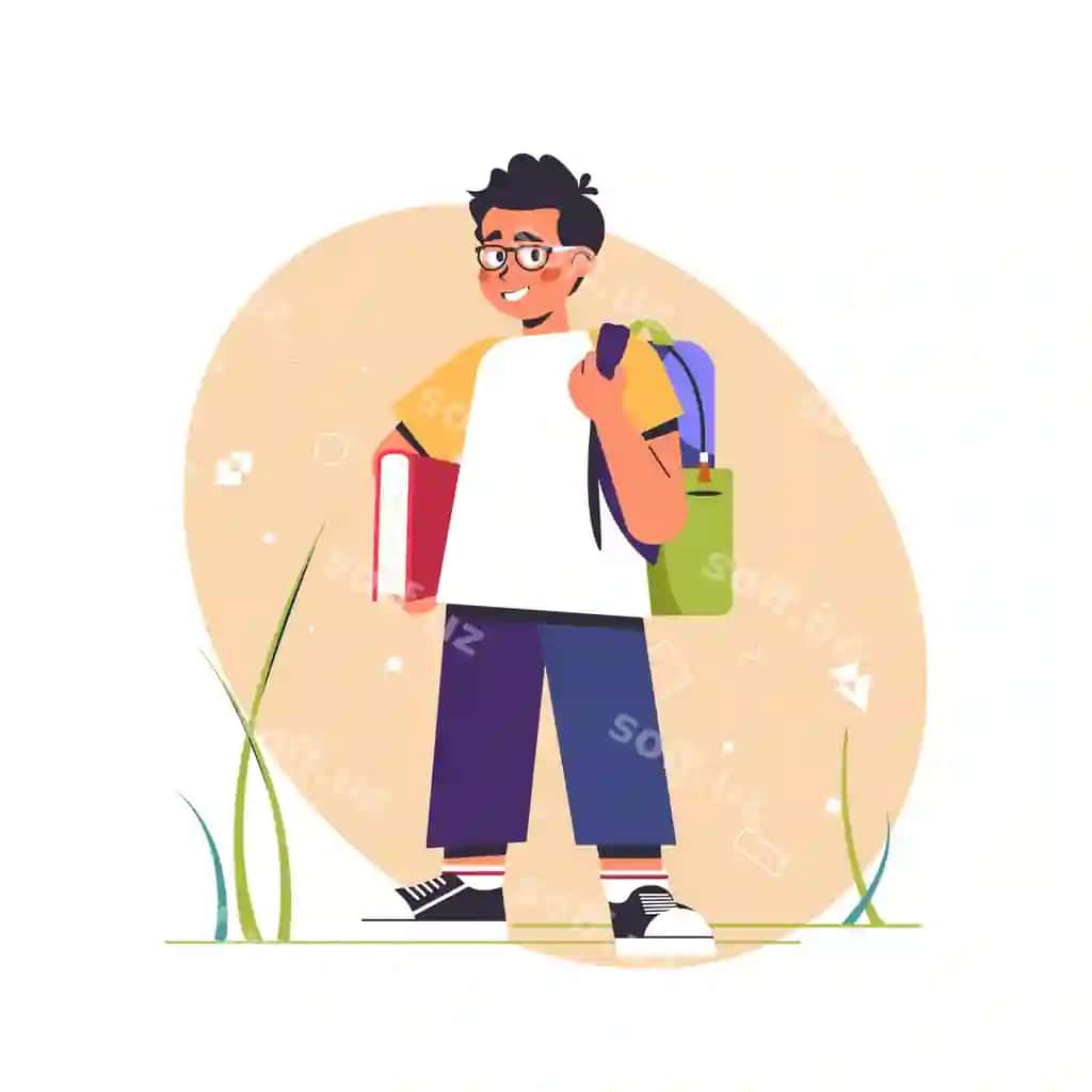 Baxtli tabriklab bo'lgan o'quvchi bolaning shaxsiyati kitoblar bilan maktabga qaytgan | Happy smiling boy pupil character standing with books back school