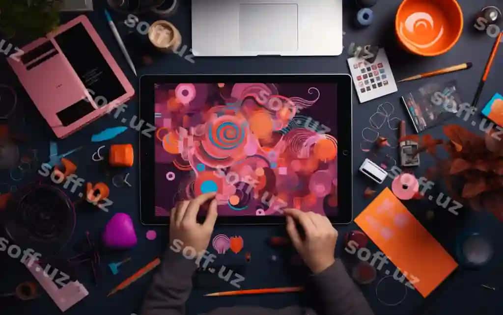 Planshet bilan yuqori ko'rinishdagi grafik dizayner | Top view graphic designer with tablet