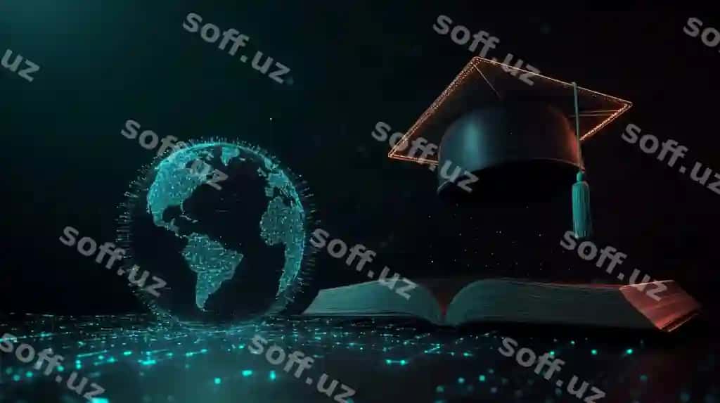 Kelajakchi ta'lim konsepsiyasi, yorqinlotchi bitirish shlyapa, ochiq kitob, raqamiy glob, qorong'i fon | Futuristic education concept with glowing graduation cap open book digital globe dark background