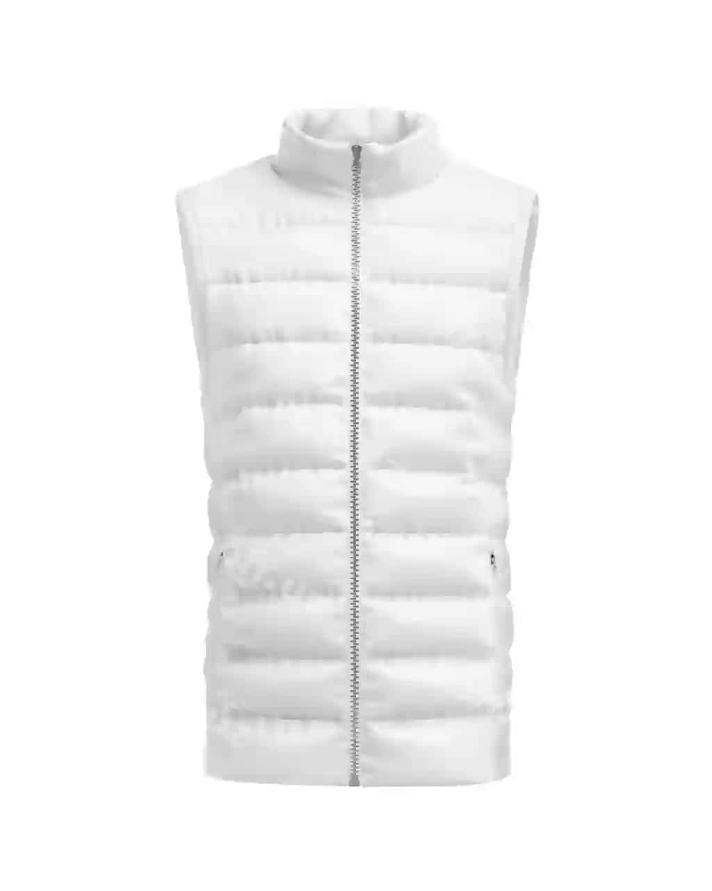 Oq nylon kamiz (oldining old tomoni) oq fonda ajratilgan | White down nylon vest front view isolated white background