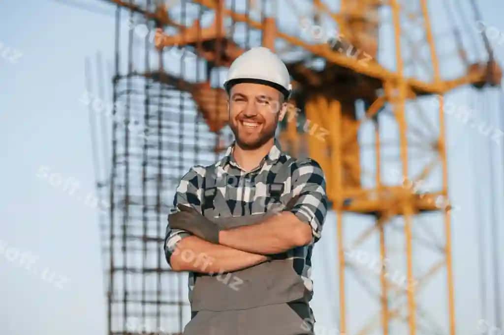 Baxtli ishchi qurilish joyida kunduzi turibdi. | Happy worker is standing construction site daytime