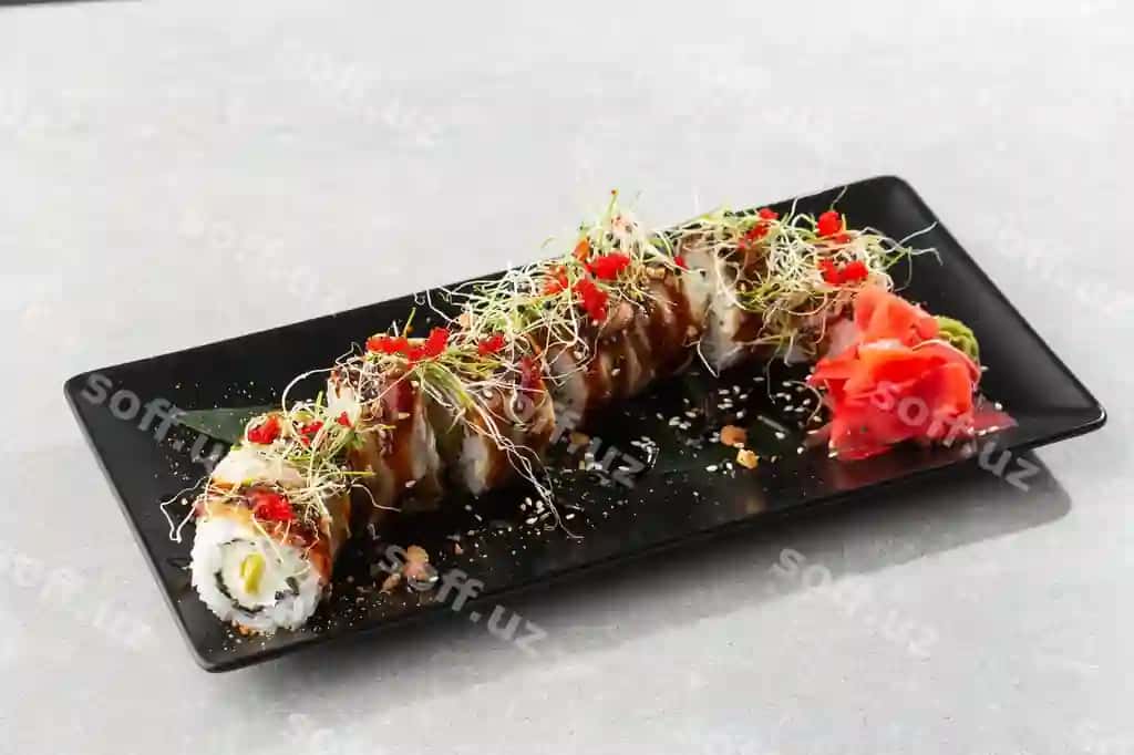 Filadelfiya roti sushi buzmuncha, avokado, krem-siyrak, ikra | Philadelphia roll sushi with eel avocado cream cheese caviar