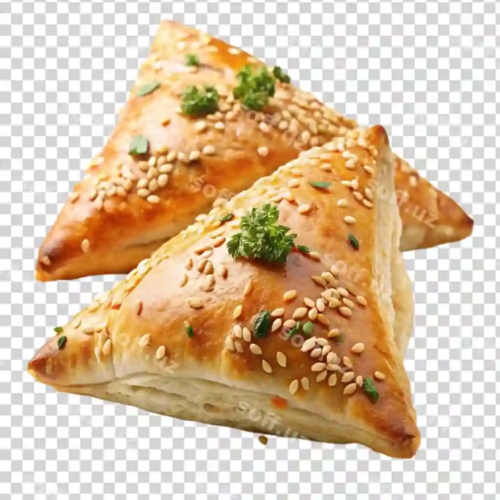Uchburchak biskvit sesim urug'lari bilan petrushka usti shaffof fonda | Triangle pastry with sesame seeds parsley top transparent background