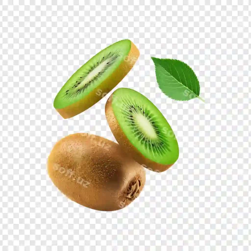 Yangi kesilgan kiwi meva varaq bilan shaffof fonda | Fresh sliced kiwi fruit with leaf isolated transparent background