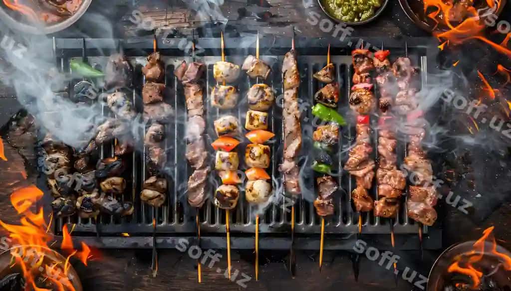 Griyl tushdagi meat vegetables erkakki soqqa qizil rangli futbolka kiygan erkak | Grill with meat vegetables it man with red shirt it