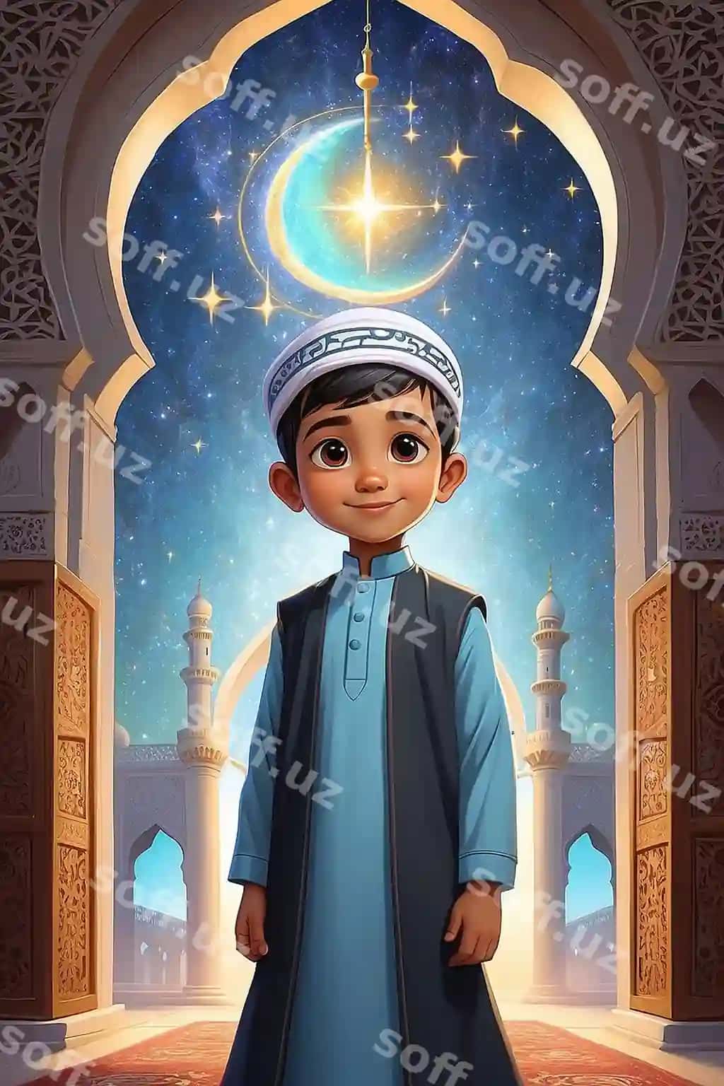 Foto karikatura musulmon o'g'ri shonali kashalı tik bilan | Photo cartoon muslim boy standing with majestic visionary