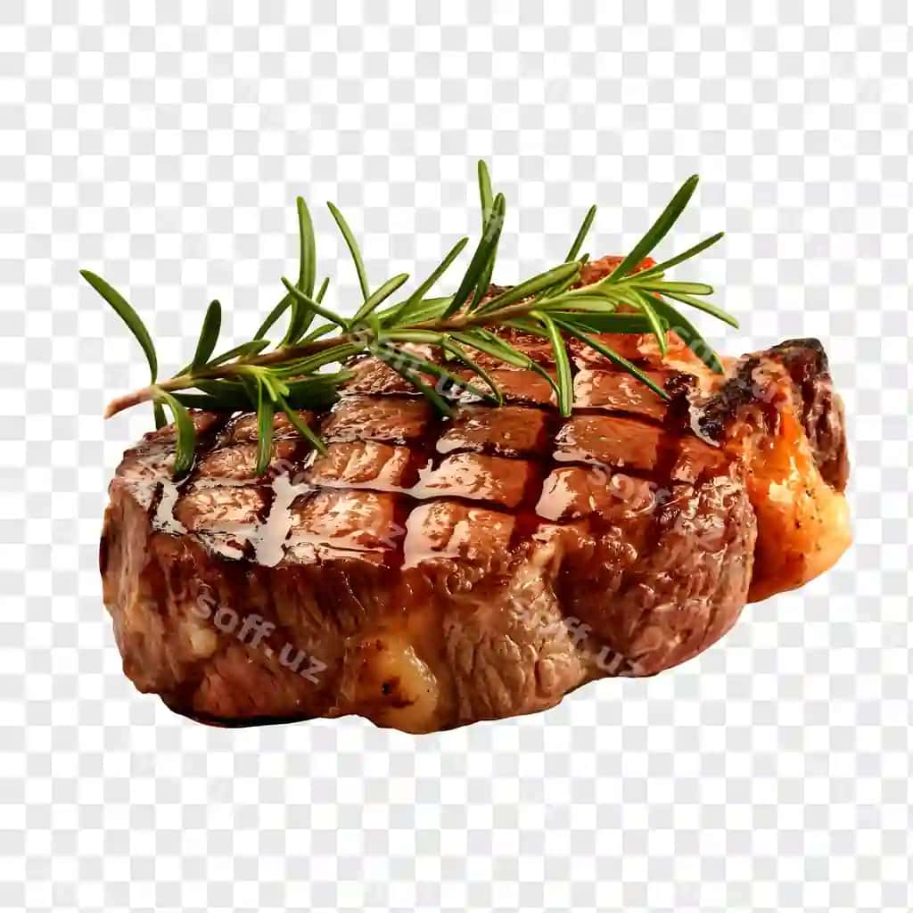 Pishirilgan steyk yangi rozmarin bilan bezatilgan | Grilled steak with fresh rosemary garnish