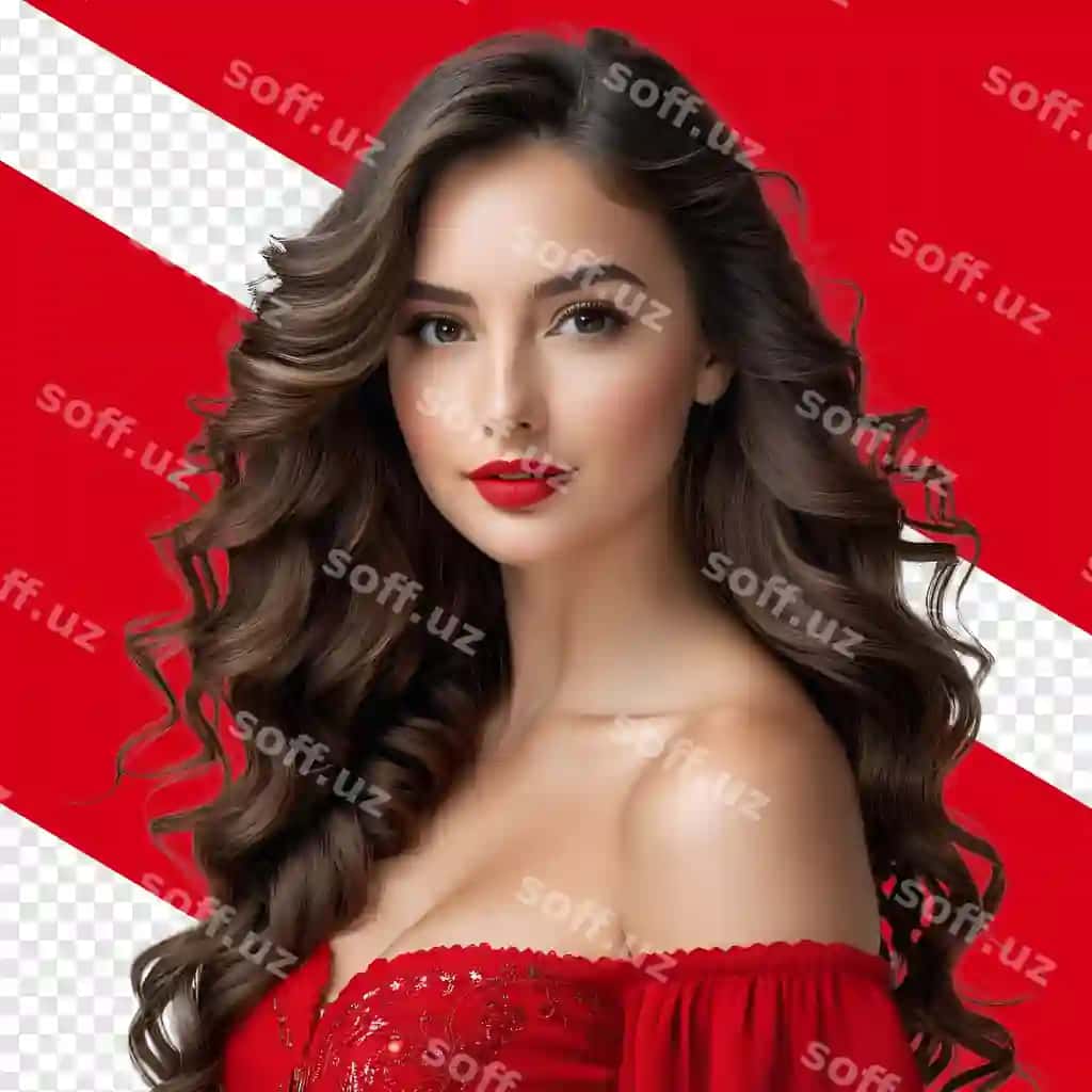 Uzun qora sochlari va qizil lablari bor ayol shaffof ning oldida posatsiya olishayotgan. | Woman with long brown hair red lips is posing front transparent