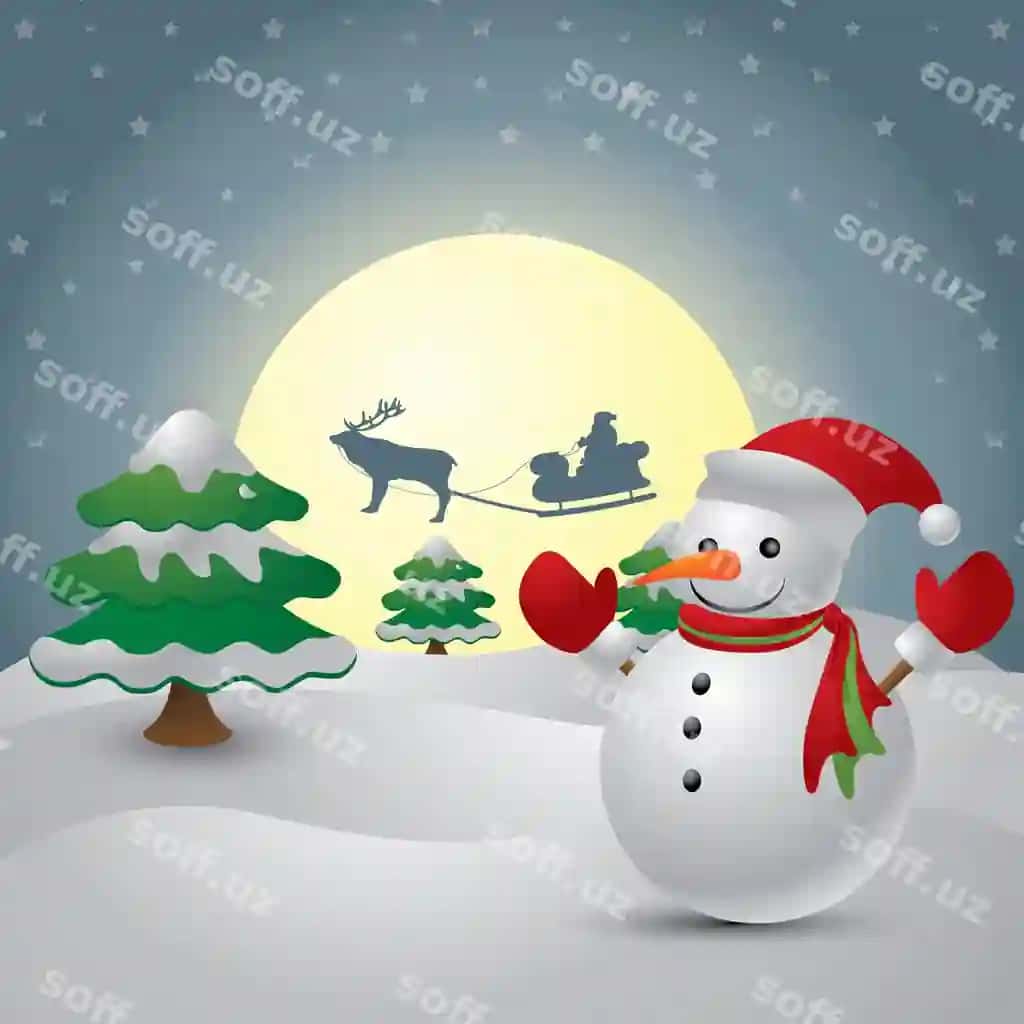 Chiroyli qor bobosi orqa fonda kecha koktogi yorqin hilol bilan siluet Santa | Cute snowman background night sky with bright moon silhouette santa