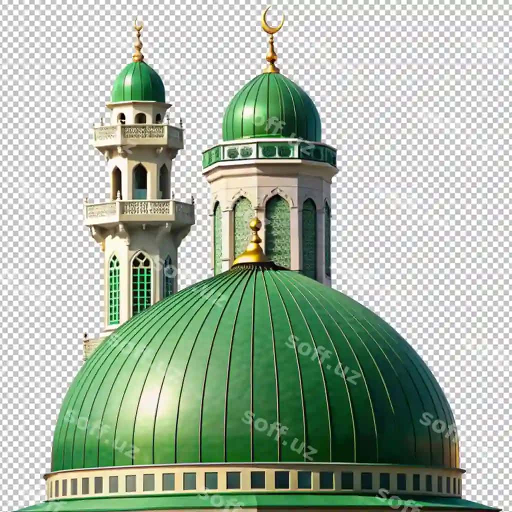 Islom arxitekturasi chiroyli yashil masjid shaffof fonda | Islamic architecture beautiful green mosque transparent background