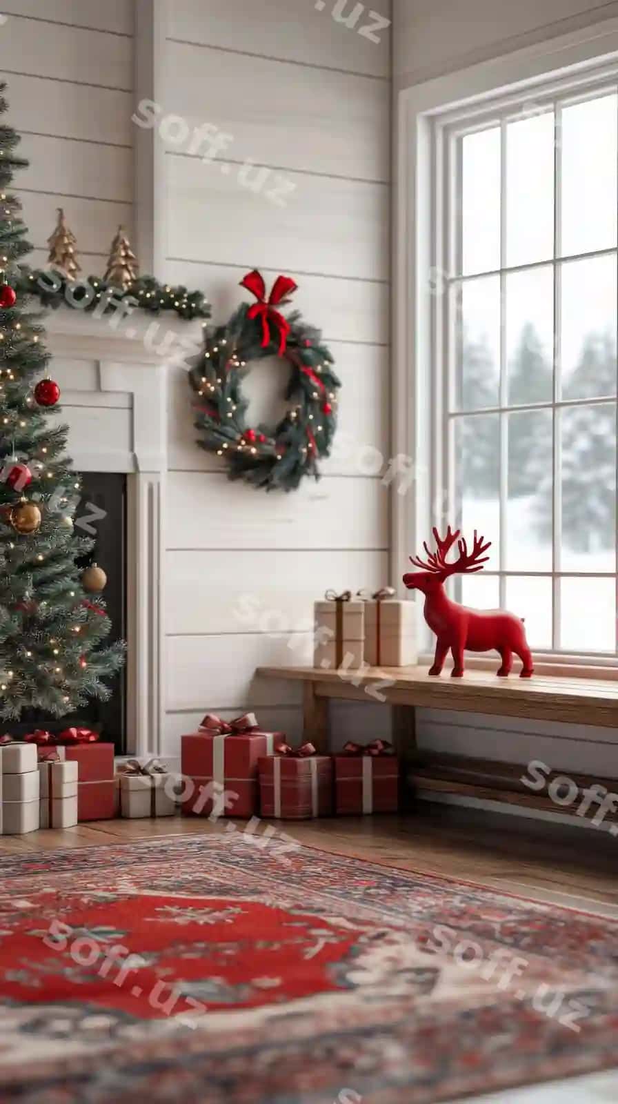 Issiq bayram otish zali chrismas daraxti, gurma va sovuq sohiblar bilan bezatilgan, katta oynaning yonida | Cozy holiday living room decorated with christmas tree wreath gifts near large window