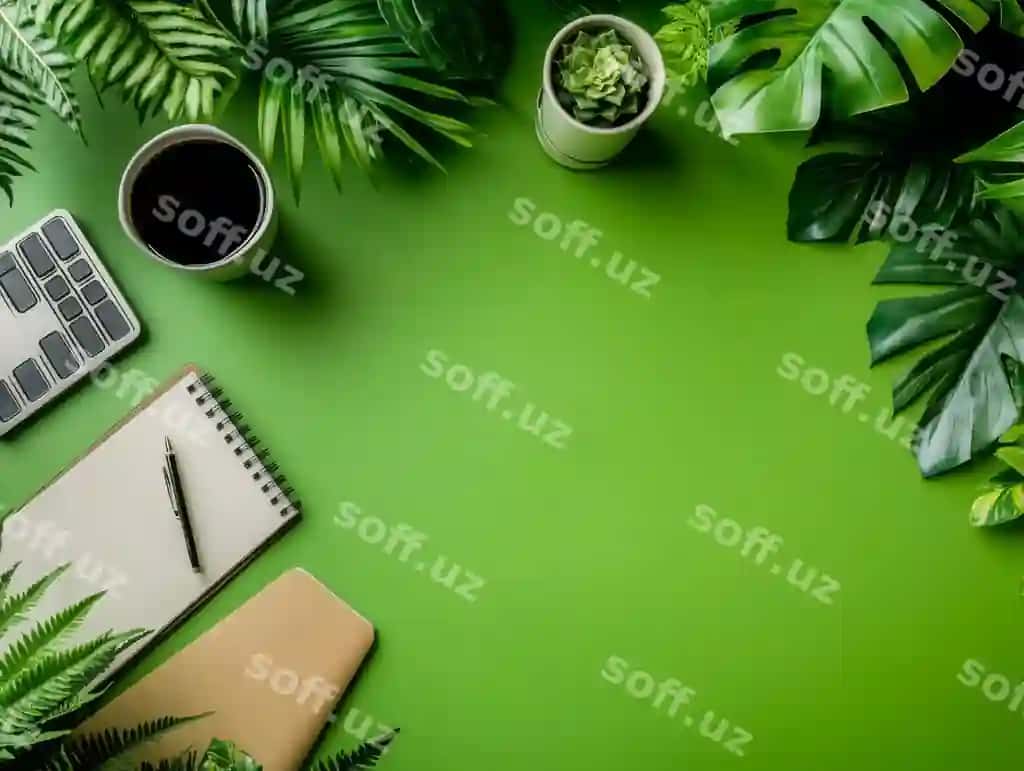 Yashil ofis stol bilan qahva noto'pli va o'simliklar | Green office desk with coffee notepad plants