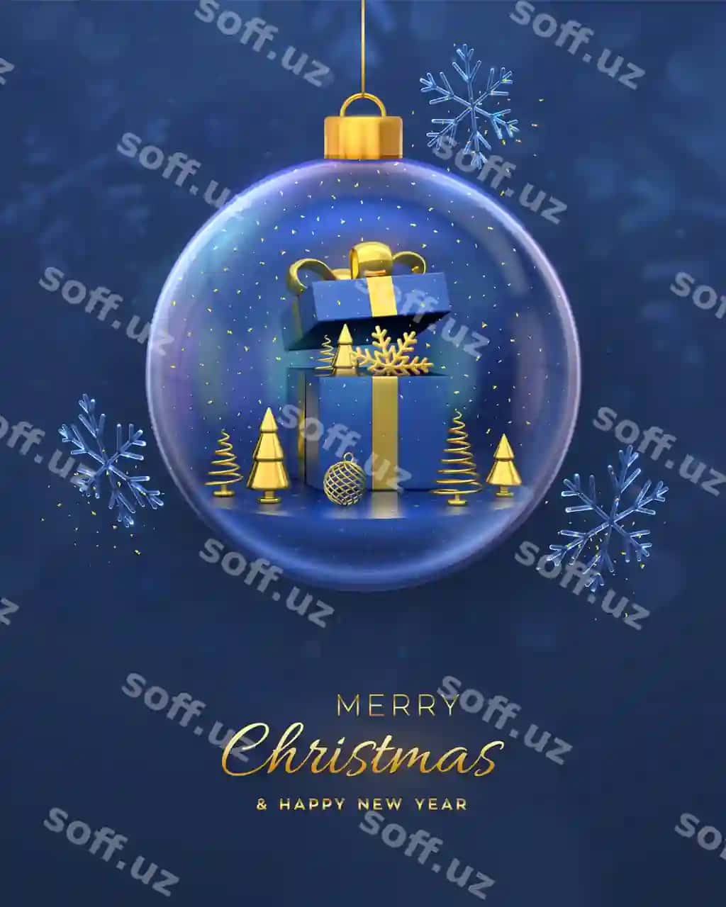 Yuldu tabrik kartasi ochilgan sovun qutisi oltin qar qushi yorqin shar | Christmas greeting card open gift box golden showflake shining ball