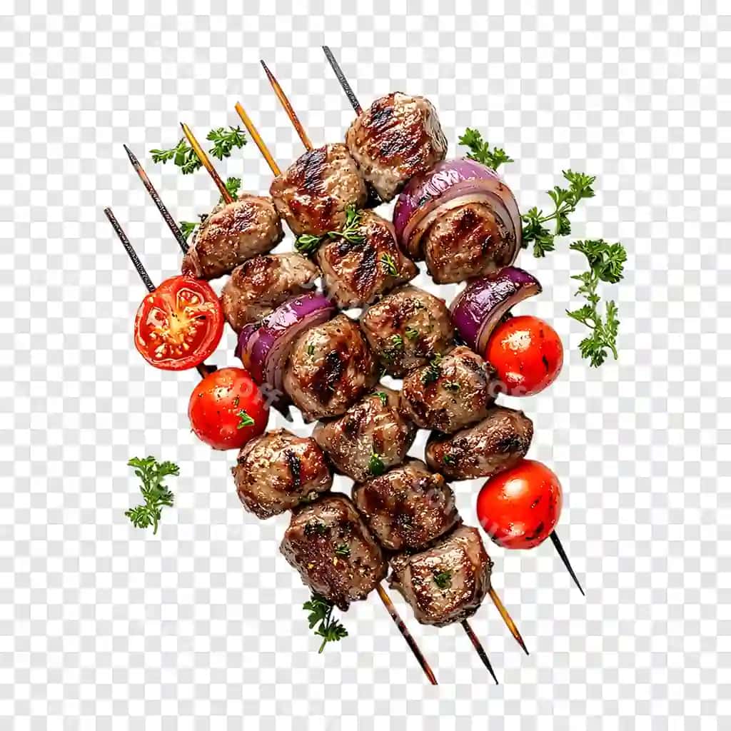 Shishlangan goshtli shashlik shish kebab piyoz bilan pomidorlar shaffof | Grilled meat skewers roasted shish kebab with onion tomatoes transparent