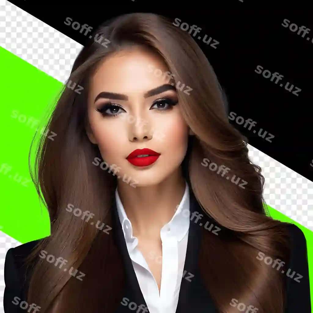 Bizznes ayol qora blazer kiygan, shaffof fonda to'xtab turgan. | Business woman black blazer is standing front transparent background