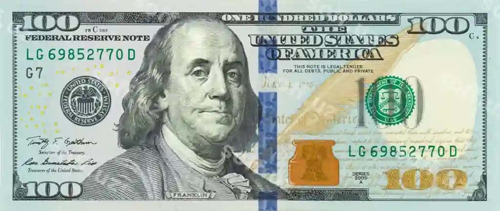 AQSH 100 dollarlik banknot oldi 100 dollar yuz AQSH dollarlik banknot Benjamin Franklin portreti AQSHdagi eng katta dollarlik banknot yangi 100 AQSH dollarlik banknot rasmi | Front american 100 dollars bill 100 bucks one hundred us dollars bank note portrait benjamin franklin largest dollar bank note usa new 100 u s bill photo image