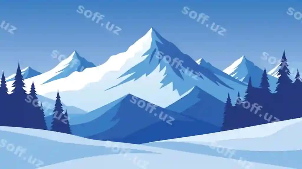 Kartina chizmasi qorliq tog' manzarasi bilan baland daraxtlar | Cartoon depiction snowy mountain landscape featuring tall trees