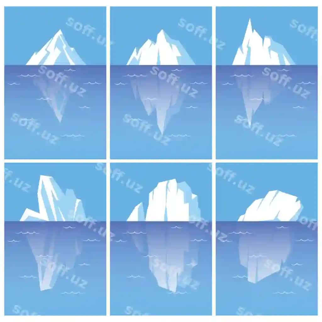 Ledyaklar komplekti suv ostidagi qism bilan tekis uslubdagi illustratsiyalar ajraltirilgan | Set icebergs with underwater part flat style illustrations isolated