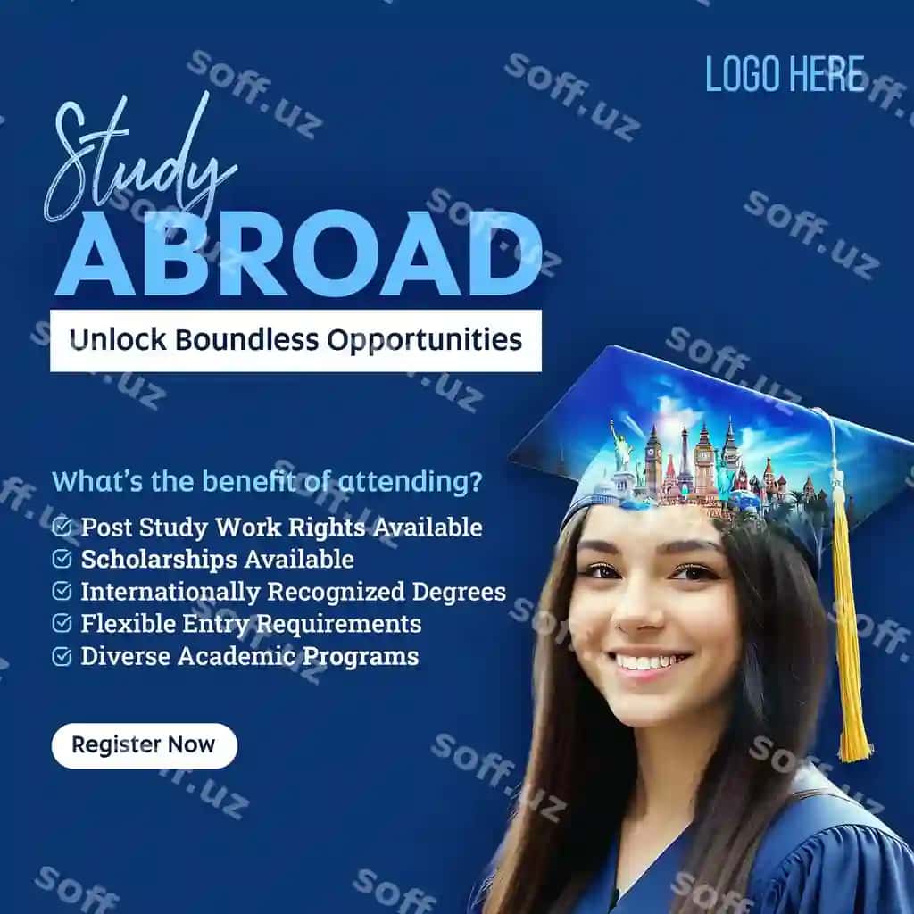 PSD chet ellarga o'quv ta'limi Instagram posti ijtimoiy tarmoqlar posti shabloni | Psd study abroad education instagram post social media post template