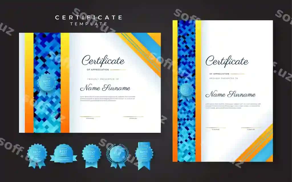 Ko'k Apelsin Sariq Guvohnoma Muvaffaqiyat Chegara Shablon bilan | Blue orange yellow certificate achievement border template with