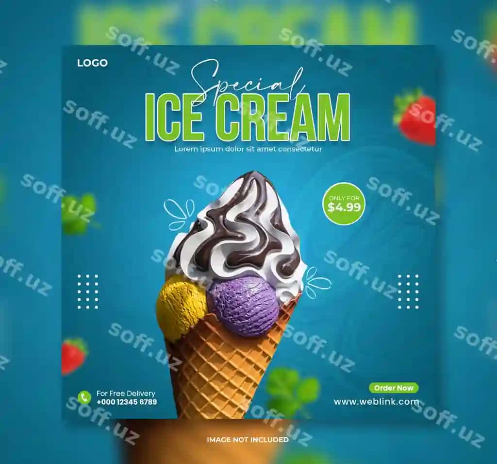 Maxsus muzqaymoq ijtimoiy tarmoqlar posti banner shablon ovqat menyu flyeri | Special ice cream social media post banner template food menu flyer