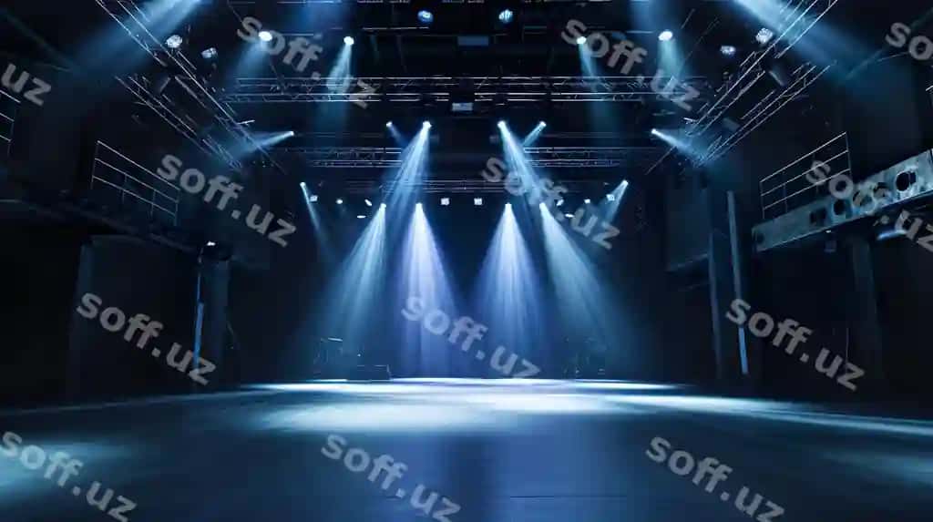 Qora zamonaviy konsert musiqa joyi sanoat atmatsfearasi va gözlök chiroqlar stsega yorqinlashgan. | Dark modern concert music venue with industrial atmosphere ceiling lights shining onto stage