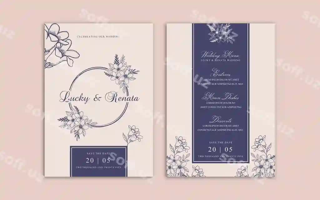 Zamonaviy oddiy tur taklif dizayni binafshe rangli gulli | Modern simple wedding invitation design with floral flower purple