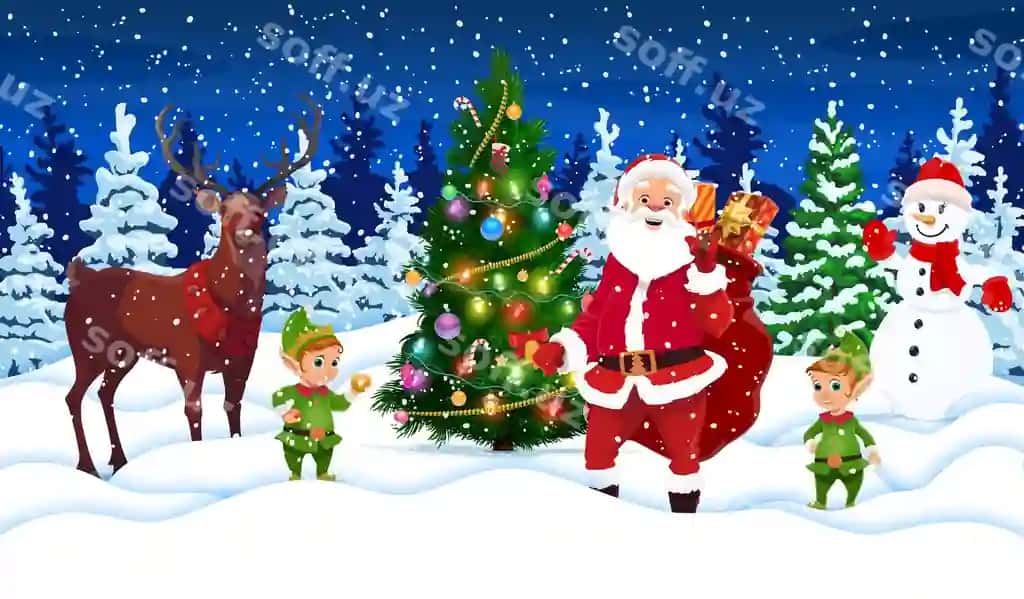 Multfilm santa sack bilan Yangi yil palmasi Barguzor Xobbitlar Qishlik o'rmon | Cartoon santa with bag christmas tree reindeer elves winter forest