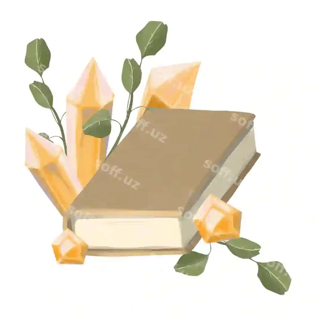 Illustratsiya kompositsiyasi jigarrang kitob, besh oltin hindistonga, yashil. | Illustration composition with brown book five golden crystals green