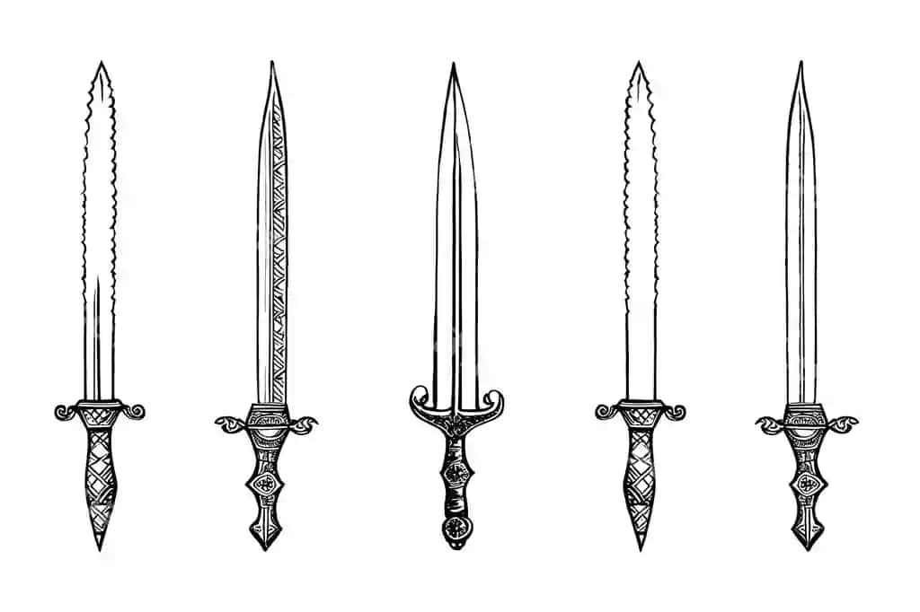 Komplekt kontur rasmlari pichoqlar pichoqlar qora-oq uslubi vintage shamshir | Set contour images daggers daggers black white style vintage sword