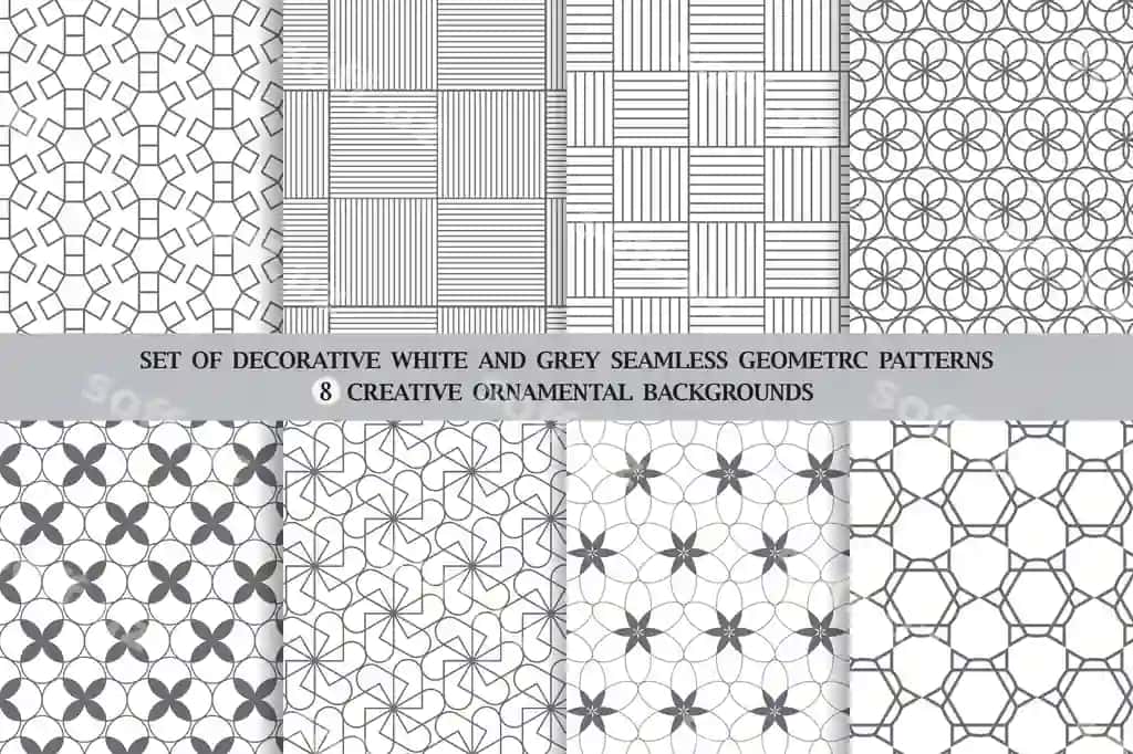 Geometrik chetlarısiz takrorlanadigan naqshlar dizayni 8 zamonaviy naqshli komplekti | Set geometric seamless repeat patterns design 8 modern ornamental