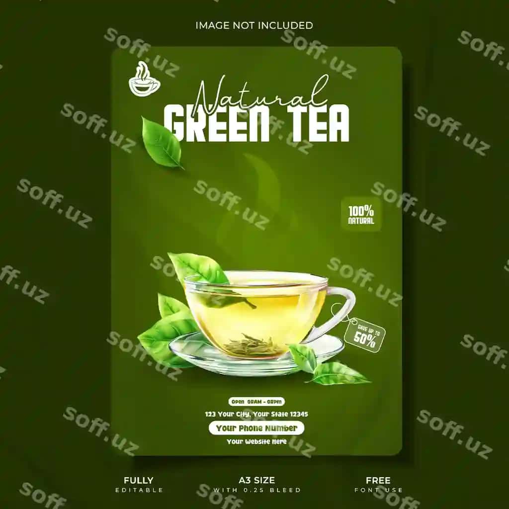 Tinchi yashil choy vaqtlari uchun reklama plakati dizayni | Savor calm green tea moments promotional poster design