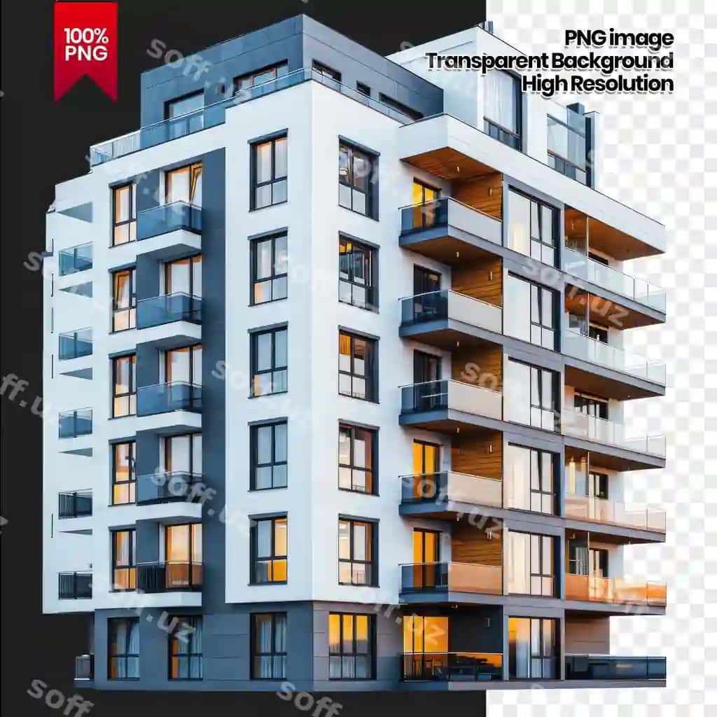 Zamonaviy uylar binosi balanskali va yorqin oynalari bilan | Modern apartment building with balconies illuminated windows