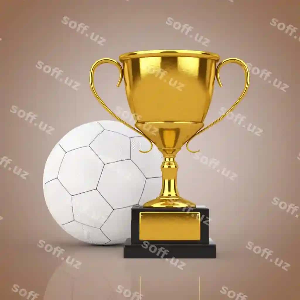 Futbol sovg'a tushunchasi oltin sovg'a tropyasi oq choy futbol to'p bilan jigarrang fon 3d render | Football soccer award concept golden award trophy with white leather football soccer ball brown background 3d rendering