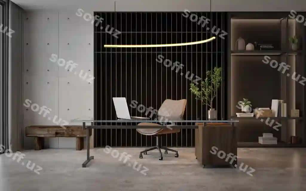 Ish xonasi zamonaviy loft uslubi betoni qavat bilan devor 3D renderi | Working room modern loftl style with concrete floor wood3d rendering