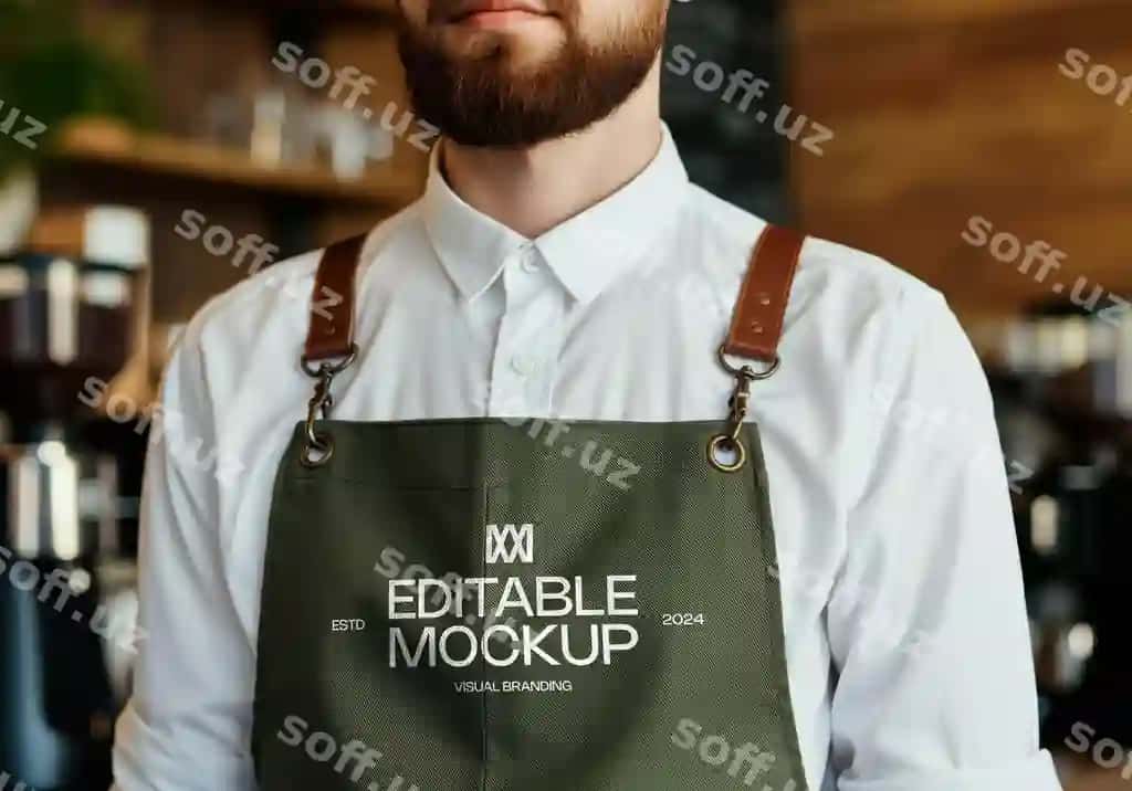 Yaqin barista professional, bo'sh zeytun yashiligi rangli fartuk kiygan | Closeup barista wearing professional blank olivegreen apron with