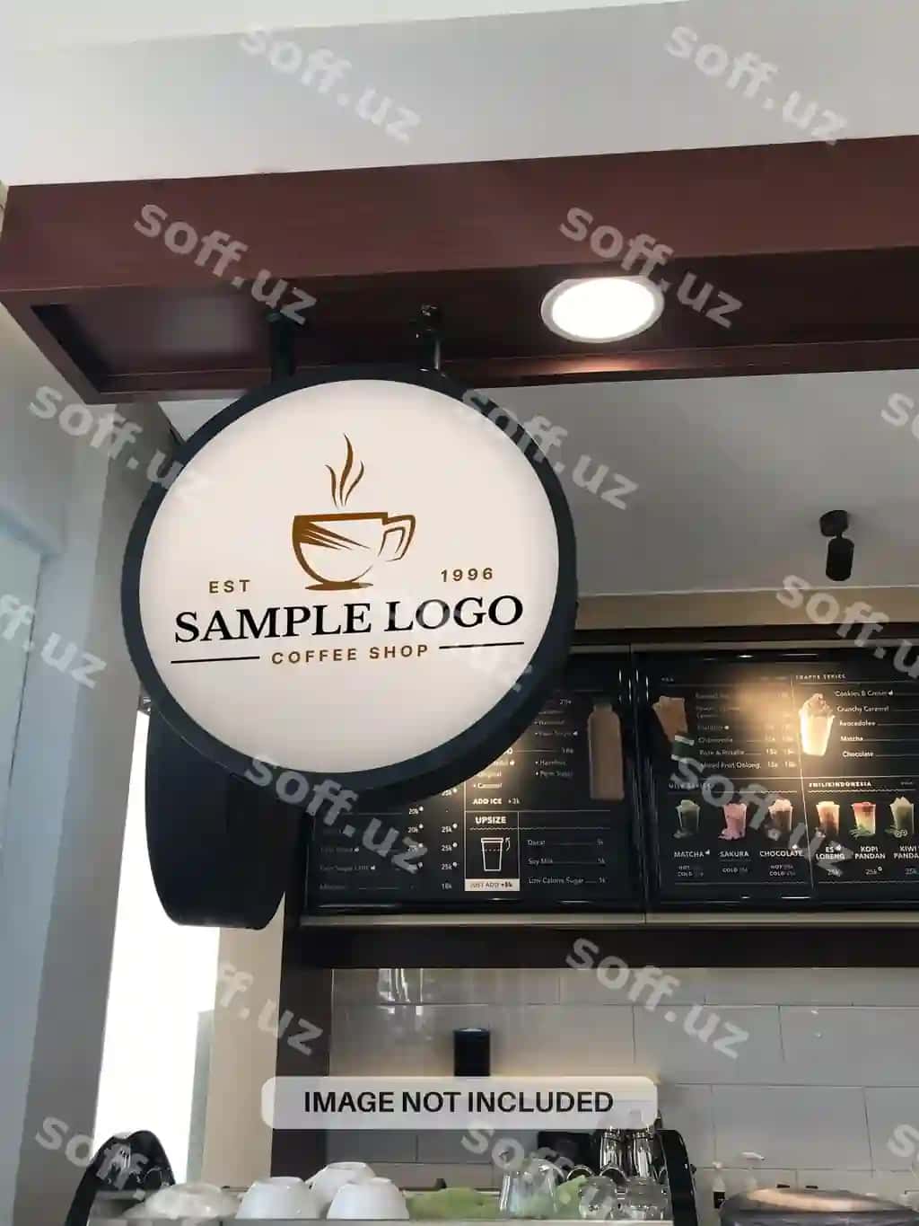 Kofe do'kasi doira neon qutisa realistik namuna PSD | Coffee shop circle neon box realistic mockup psd