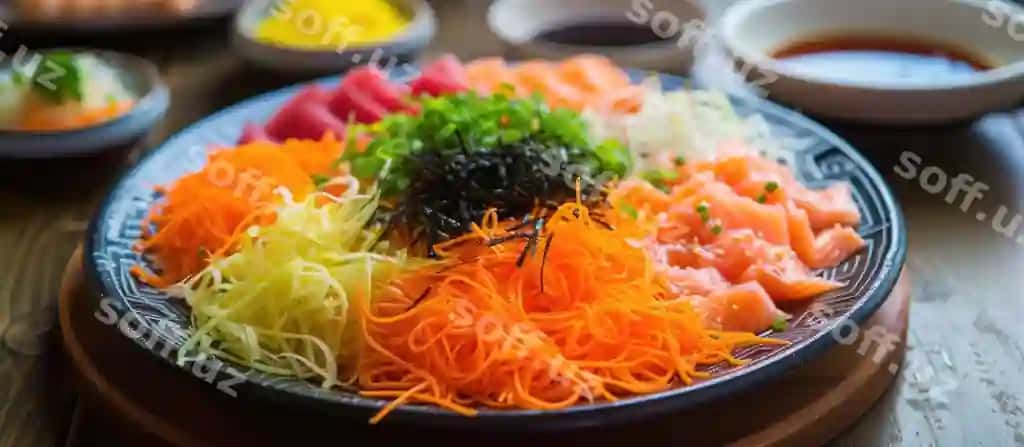 Yusheng xam salmon, guruchlangan sabzilar va soslardan tayyorlangan taomdir. | Yusheng is dish made raw salmon shredded veggies sauces