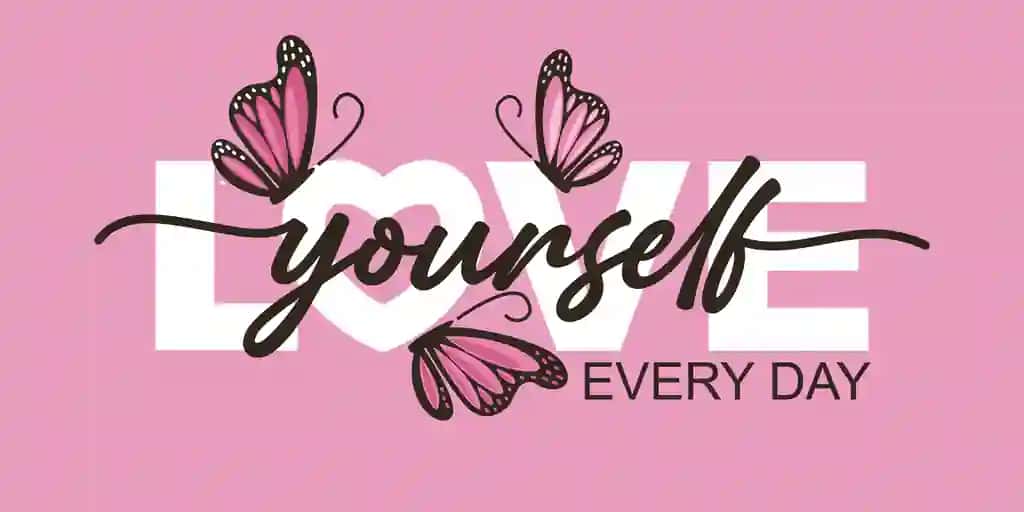 O'zingizni har kuni seving matn pushti kapalaklar vektor illyustratsiyasi | Love yourself every day text pink butterflies vector illustration