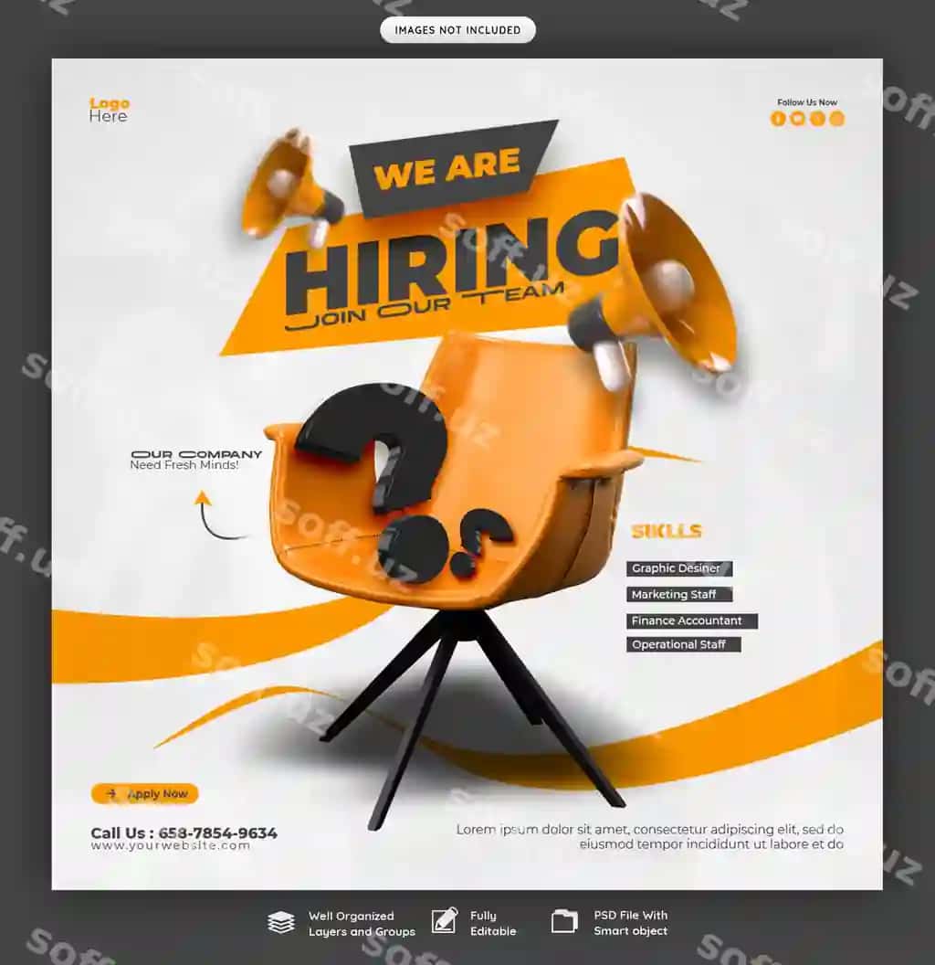 Biz bo'sh ish o'rinlari uchun ijtimoiy media banner instagram post shablonini ishga olamiz | We are hiring job vacancy social media banner instagram post template