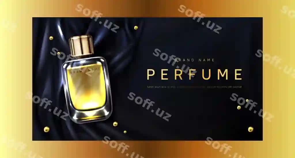 Parfyum shisha qora ipak mato orqa fon namuna | Perfume bottle black silk fabric background mockup