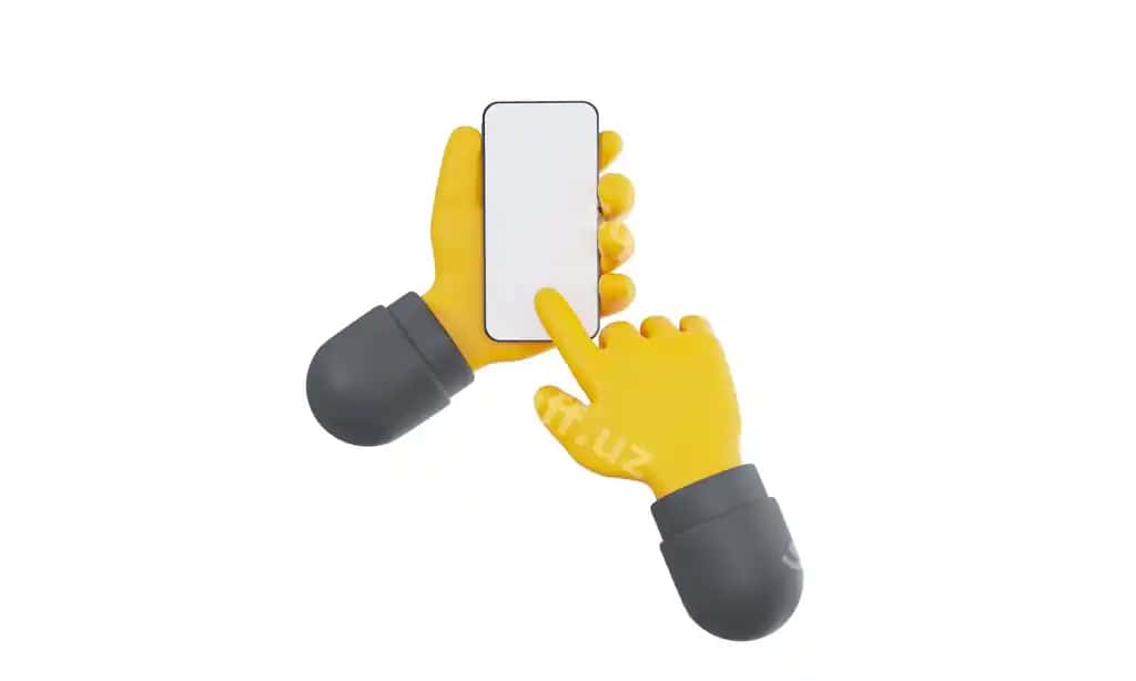 D karyokat qo'l smartfonni tutgan, isolatsiya qilingan oq fonda, qo'l mobil telefon mockup renderi | D cartoon hand holding smartphone isolated white background hand using mobile phone mockup d rend