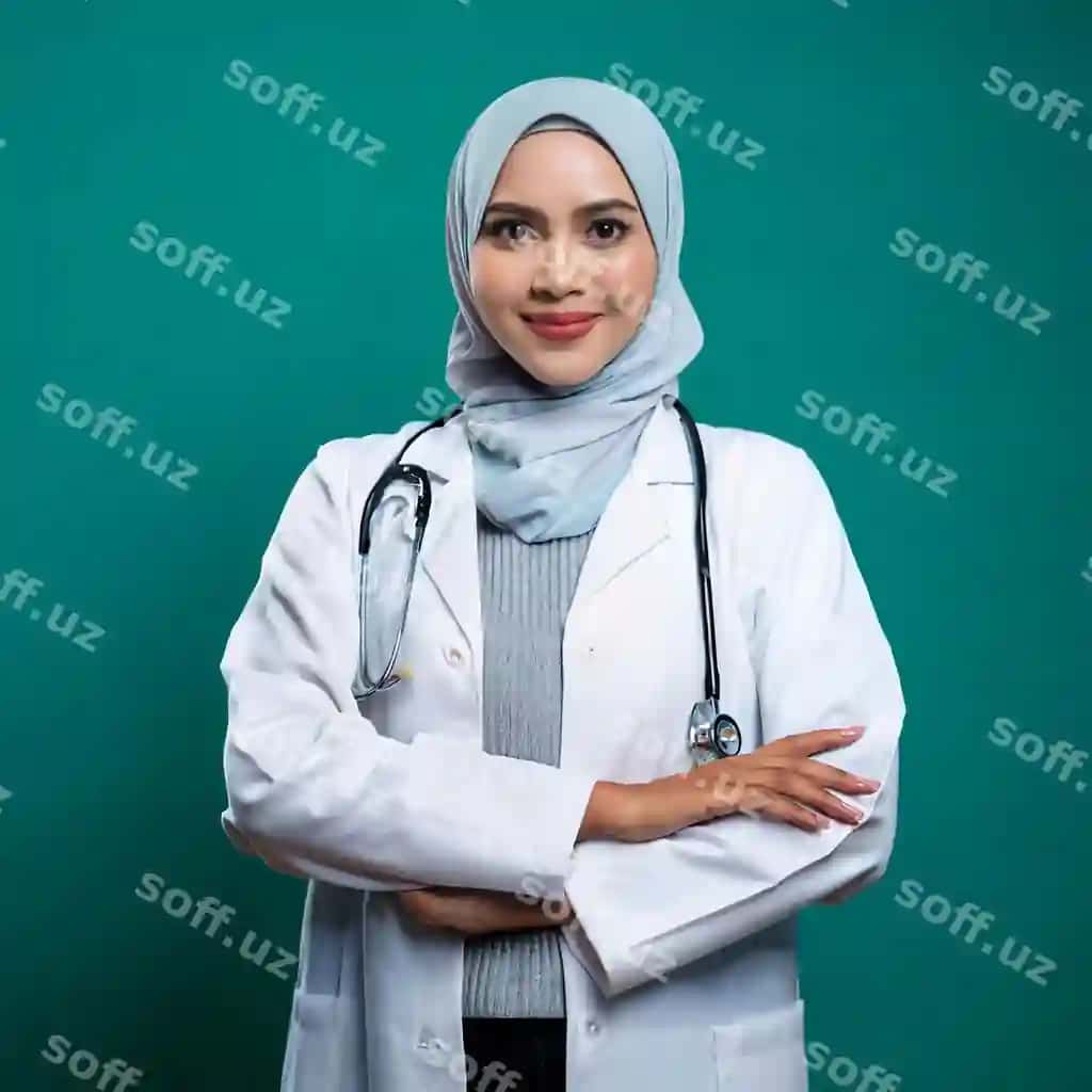 Xijobli ayolik tabib medikal laboratoriya koti, gulchi ifoda | Hijabi woman doctor medical lab coat smiling